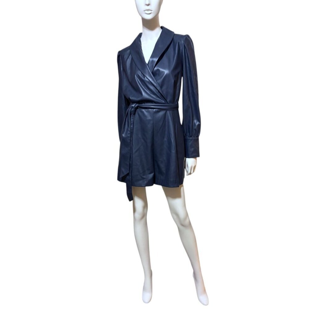 BCBG Slate Blue Faux Leather Long Sleeve Romper M Wrap Moto Luxe Biker Rave - Picture 7 of 11